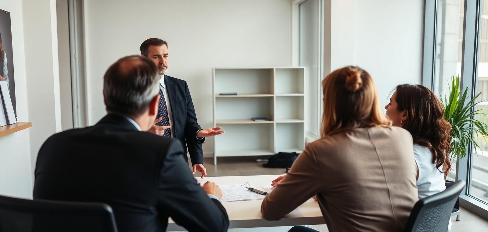 Advogado apresentando um caso para clientes em escritório
